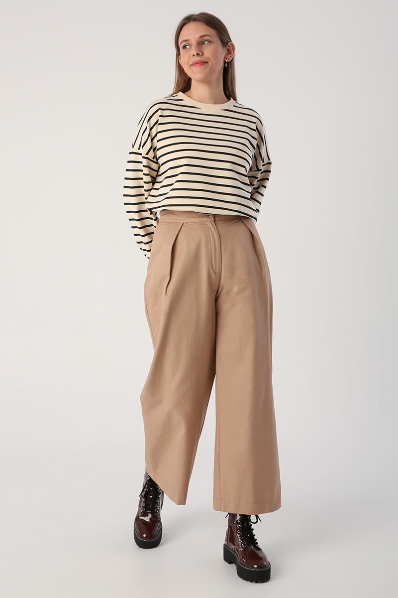 Bej01-Pileli Bol Paça Pantolon