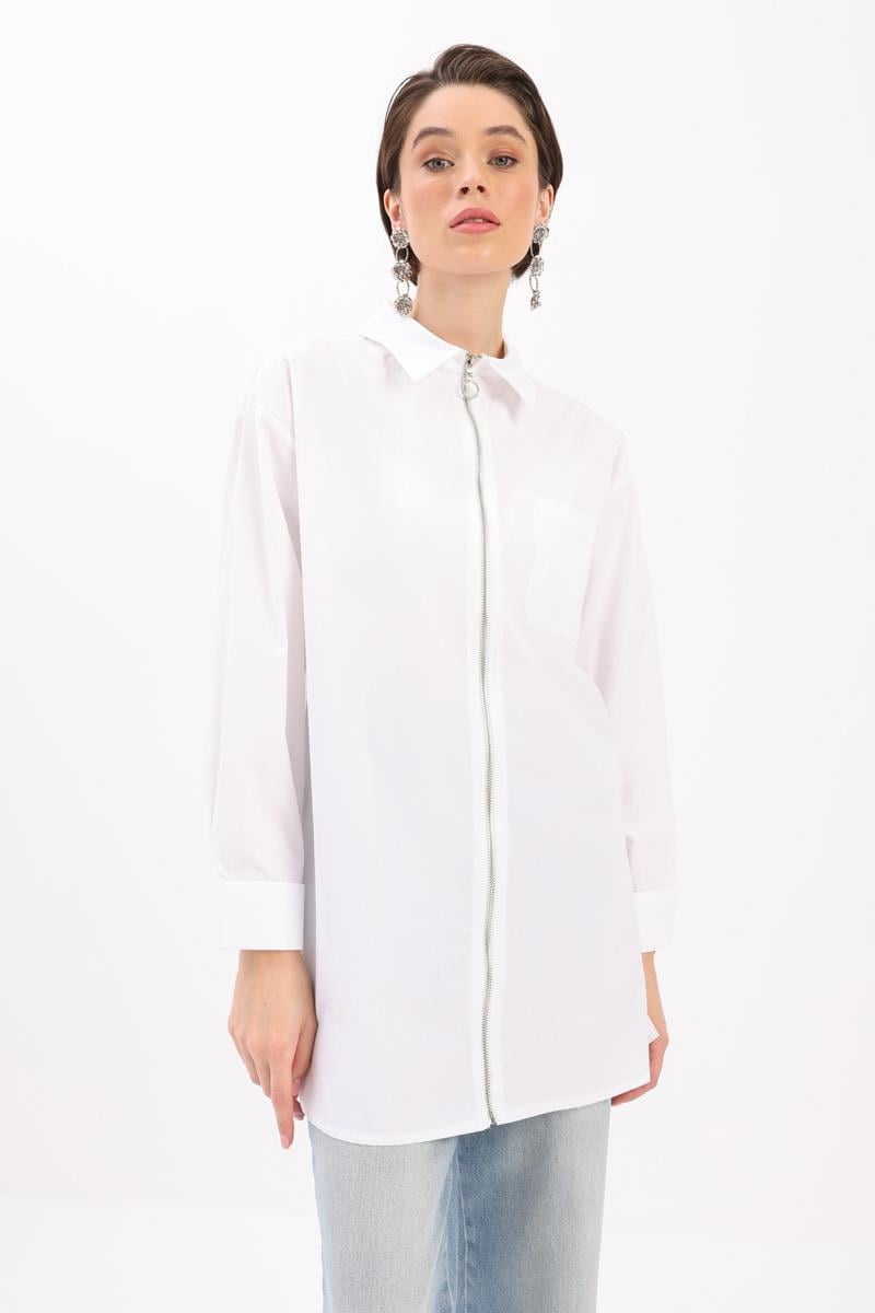Beyaz-FERMUARLI MANŞETİ DUBLELİ GÖMLEK TUNİK