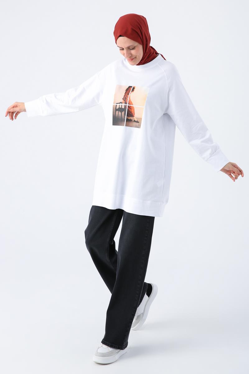 Beyaz-Fotoğraf Baskılı Sweat Tunik