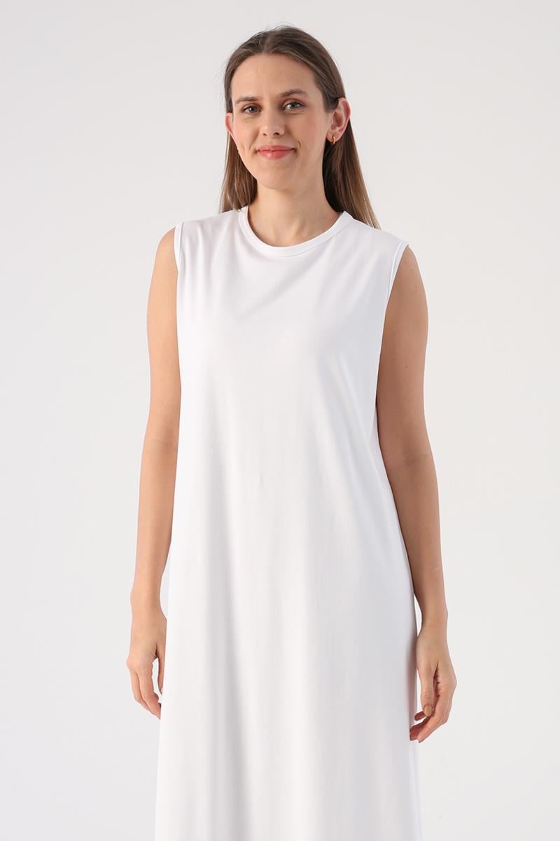 White-Cotton Crew Neck Sleeveless Underwear Dress