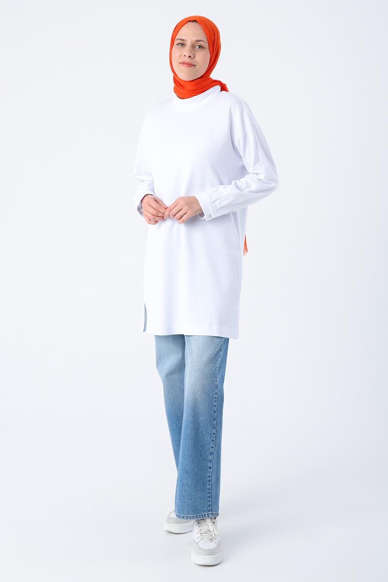 White-Cotton High Collar Glitter Stitched Slit Tunic