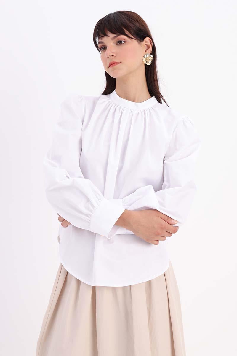 White-Cotton Gathered Collar Blouse