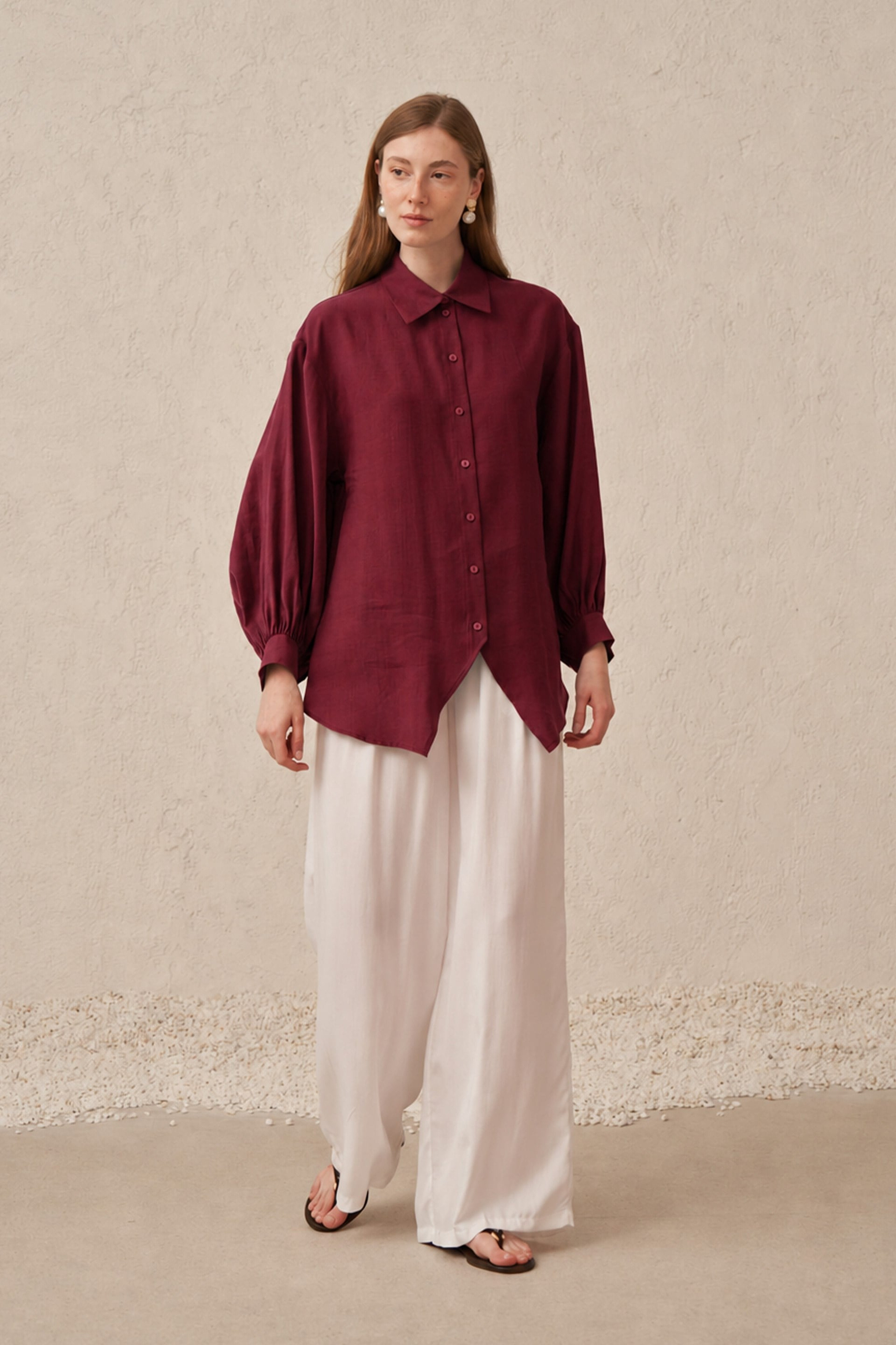 Bordo-Balon Kollu Oversize Gömlek