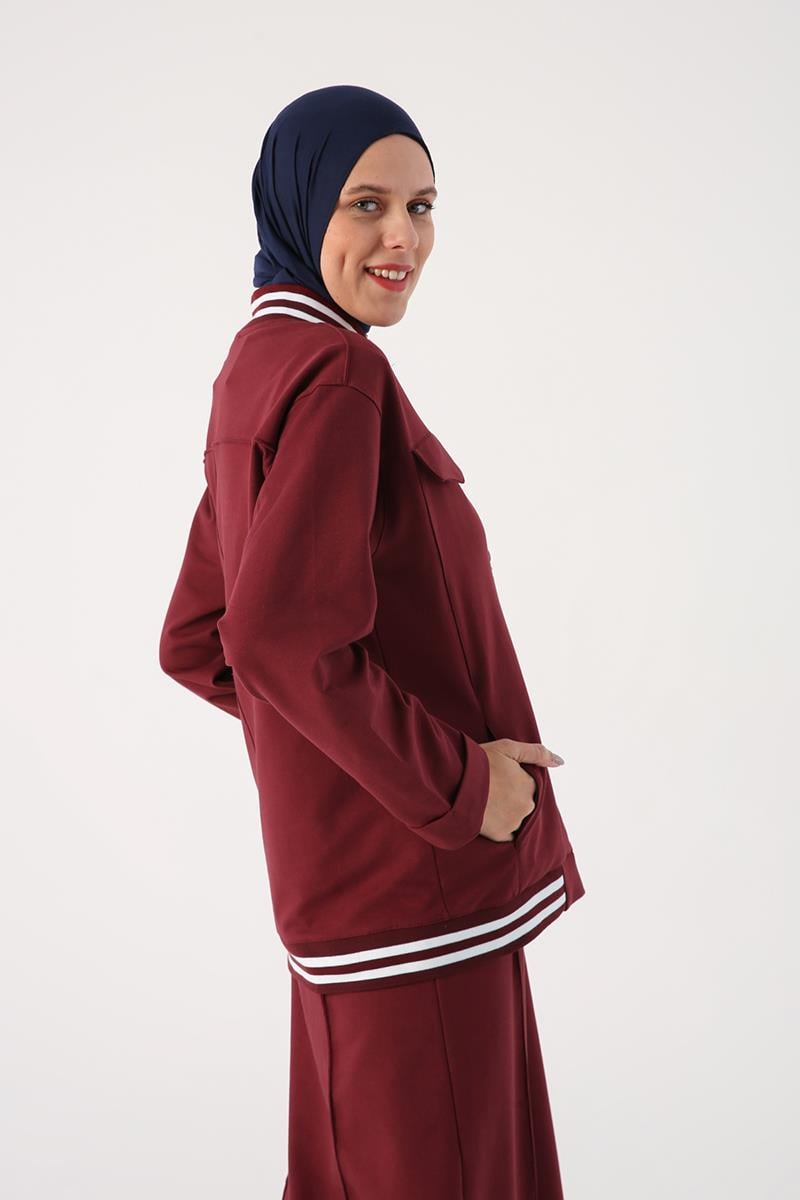 Bordo-Çizgili Ribanaları Etekli Kısa Hırkalı Takım