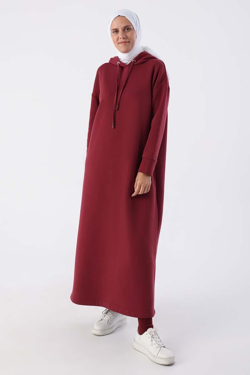 Bordo-Kapüşonlu Basic Elbise