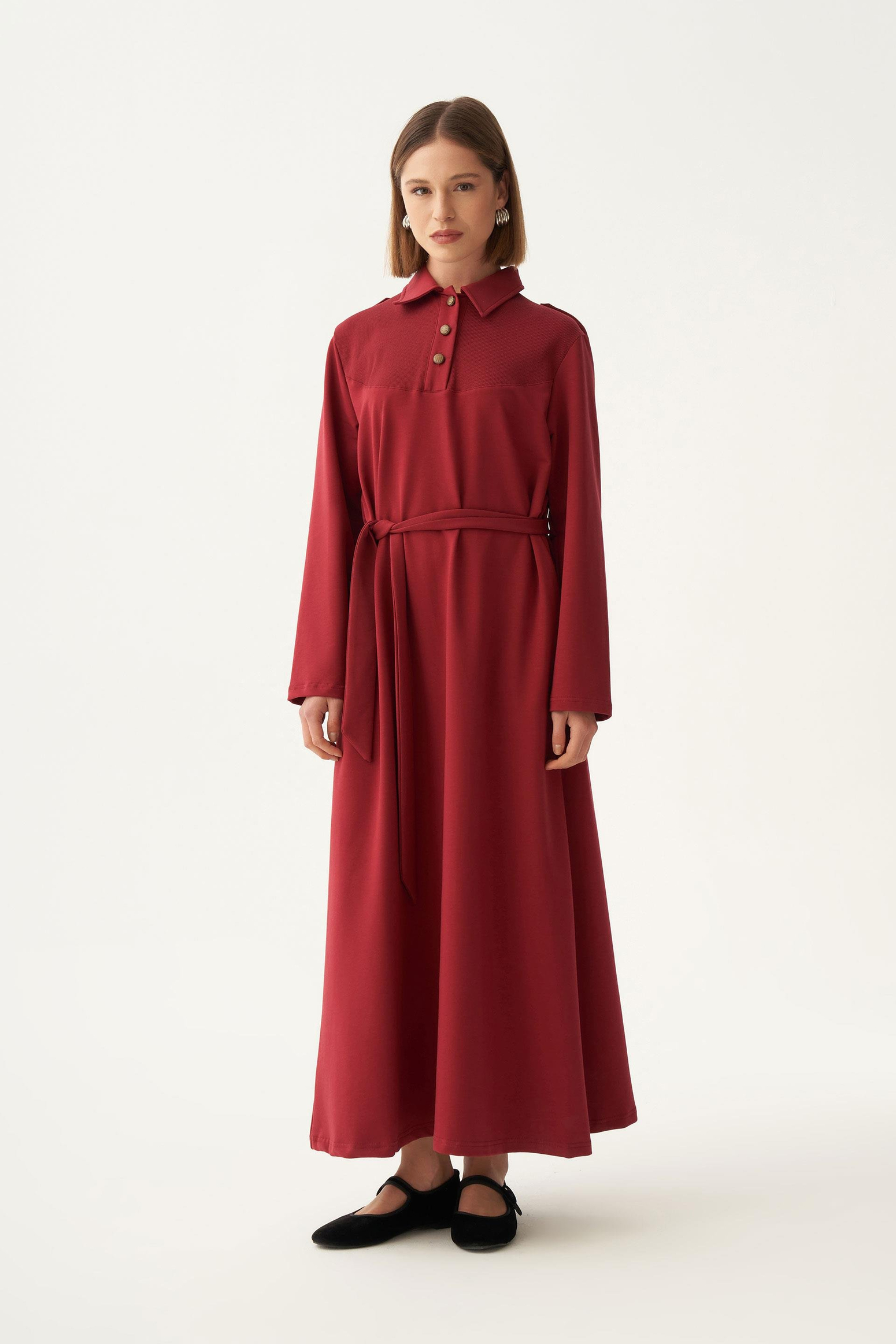 Bordo-Pamuklu Gömlek Yaka Apoletli Elbise