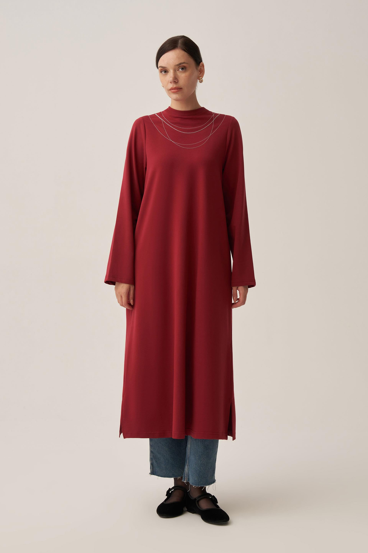 Bordo-Pamuklu Zincir İşlemeli Tunik