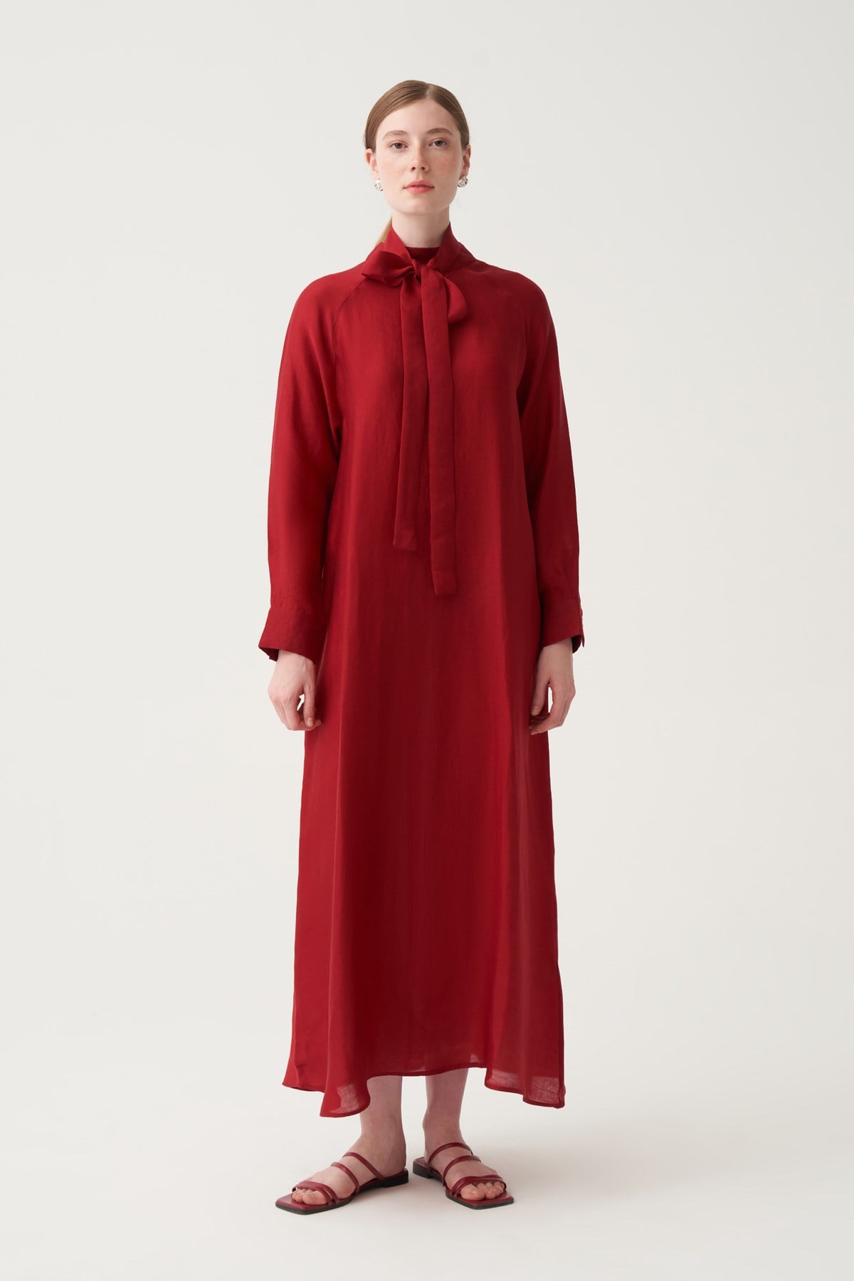 Bordo-Reglan Belden Bağlamalı Keten Elbise