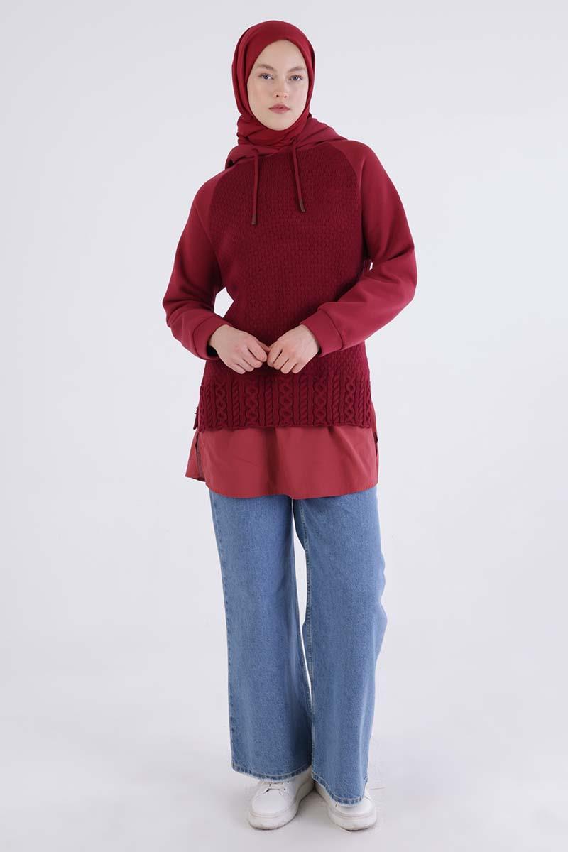 Bordo-Triko Garnili Kapüşonlu Sweatshirt