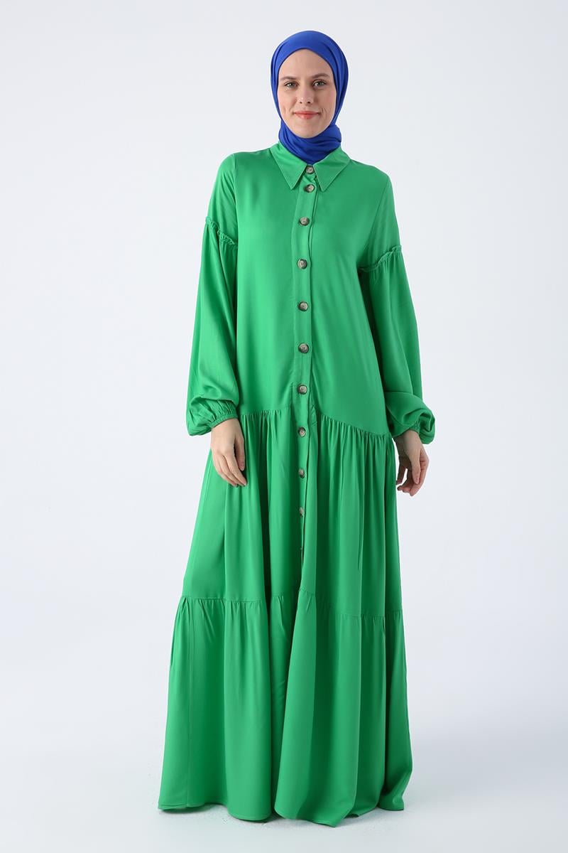 Grass Green-100% Viscose Shirt Dress with Ruffled Skirt and Sleeves