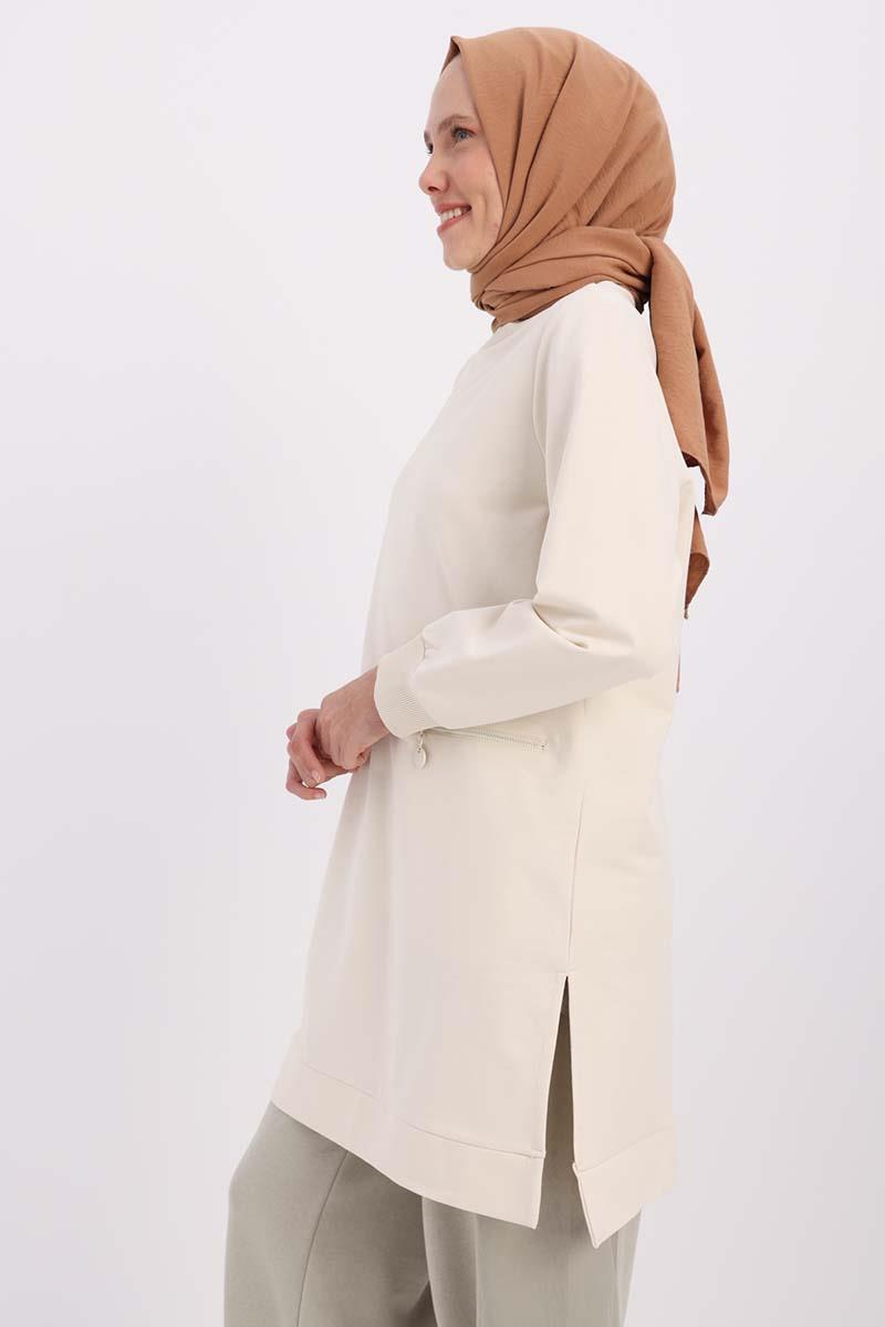 Ekru-FERMUAR CEPLİ YIRTMAÇLI SWEAT TUNİK