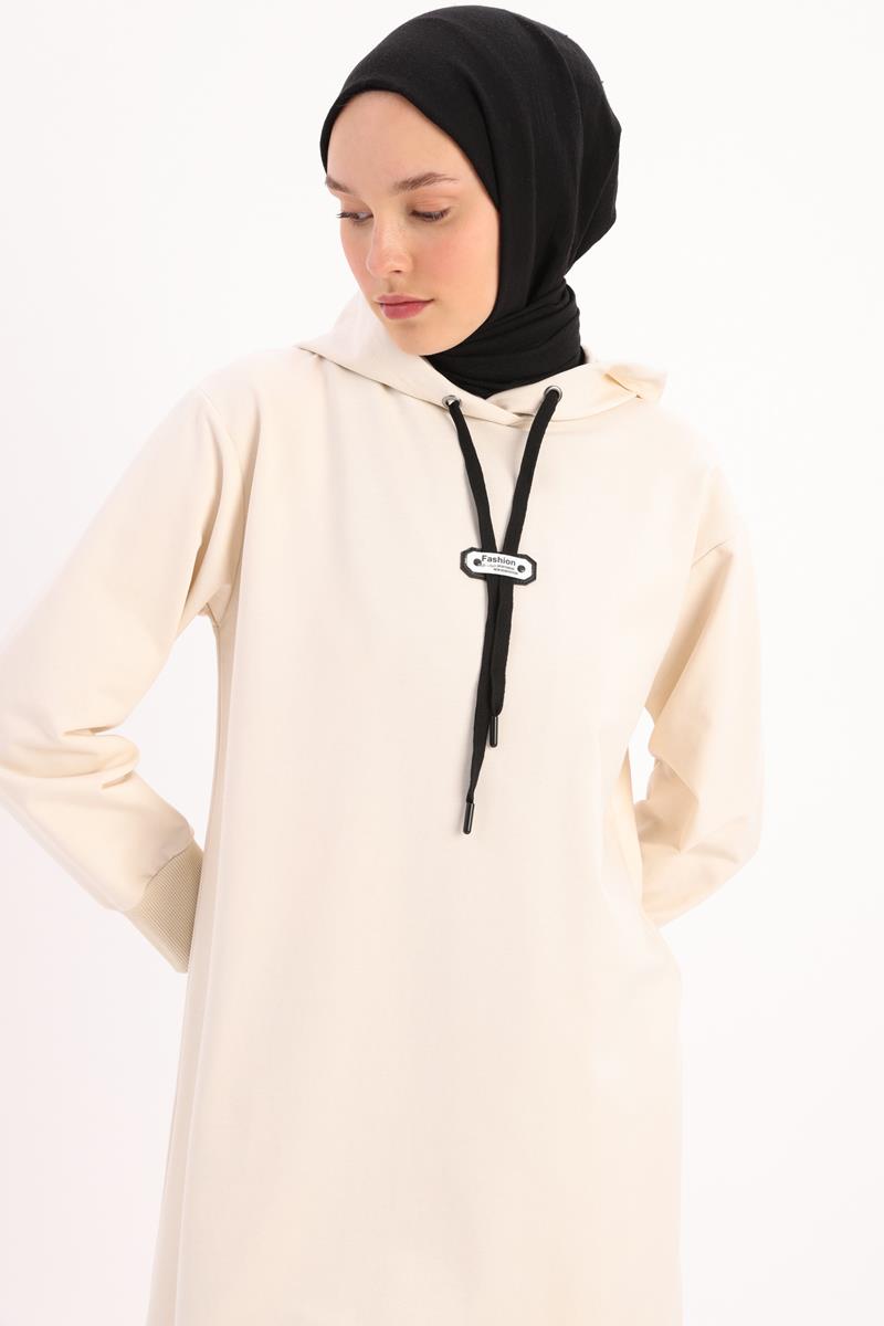 Ekru-Kapüşonlu Deri Aplikeli Sweat Tunik
