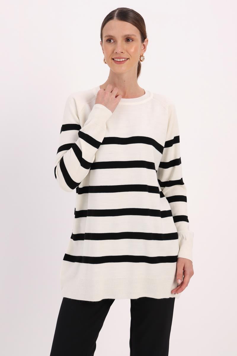 Ecru-Black-BASIC STRIPED CREW NECK SWEATER