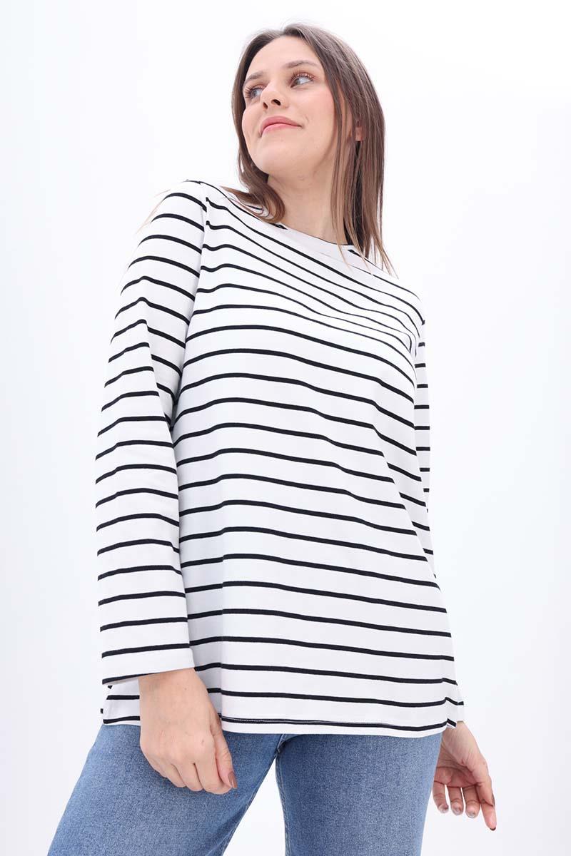 Ekru-Siyah-Pamuklu Çizgili Tshirt Tunik