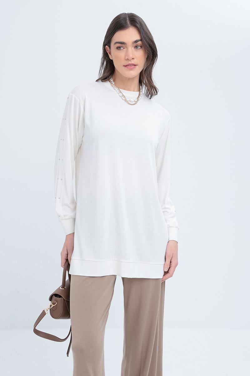 Ekru-Taş Detaylı Sweat