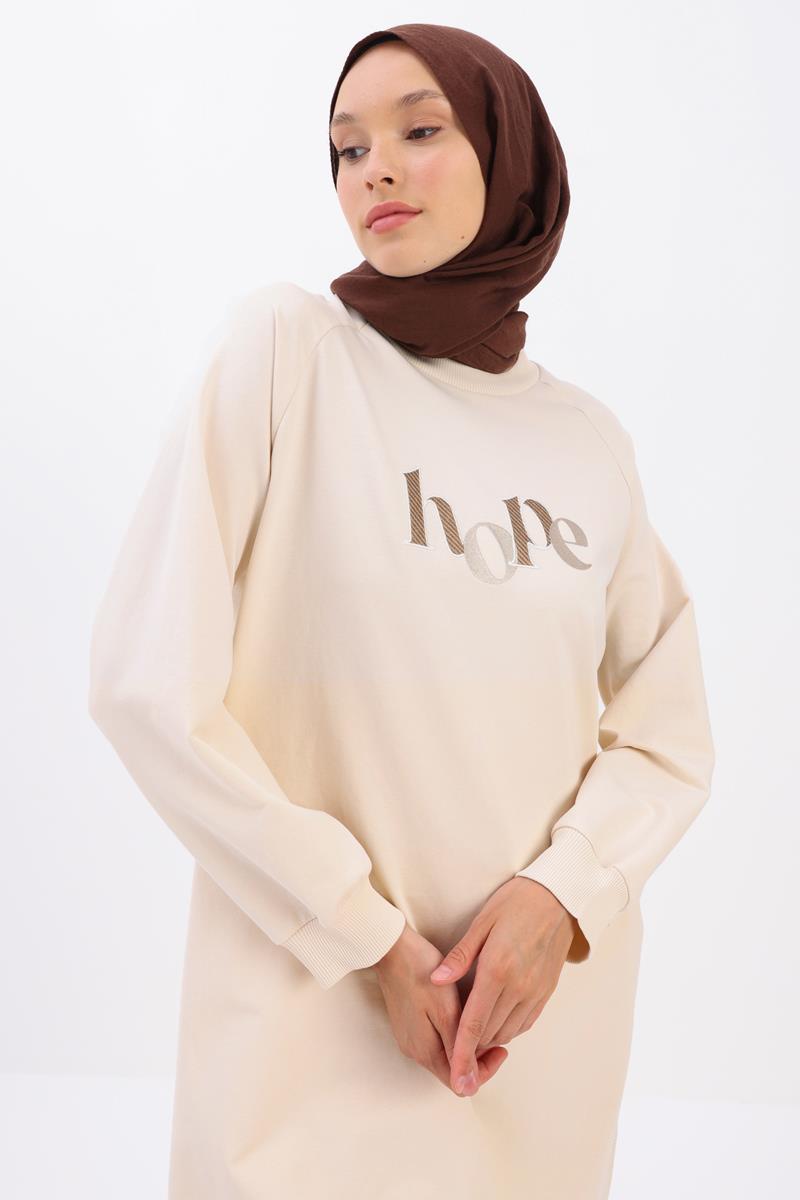 Ekru-YANDAN GARNİ YIRTMAÇLI SWEAT TUNİK