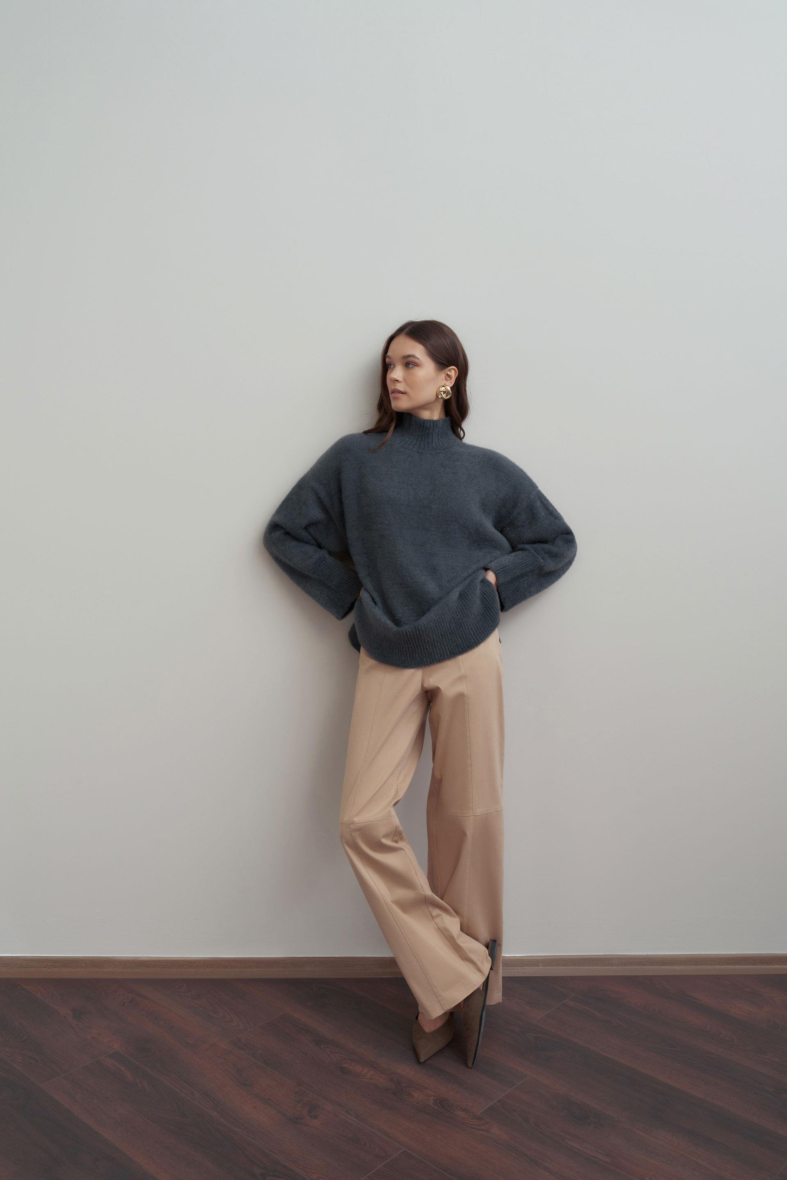 Gri-Balıkçı Yaka Sakal İplik Triko Kazak