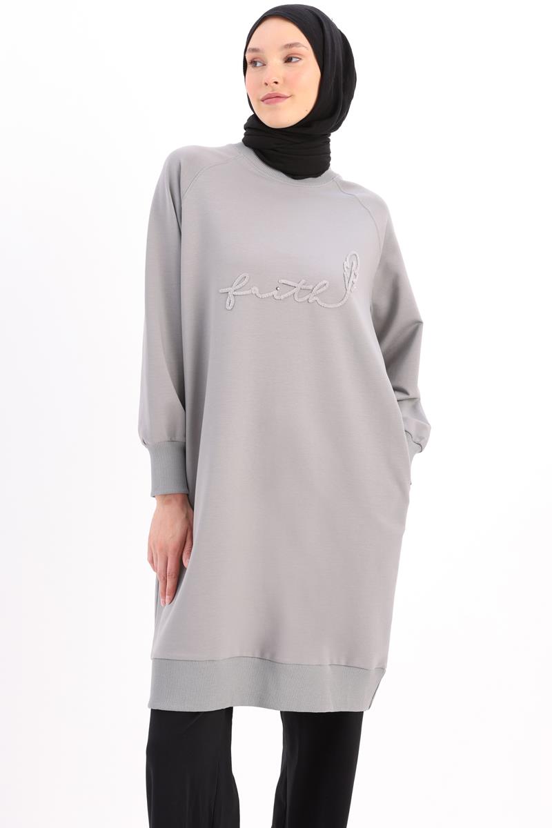 Gri-Faıth Yazılı Nakışlı Sweat Tunik