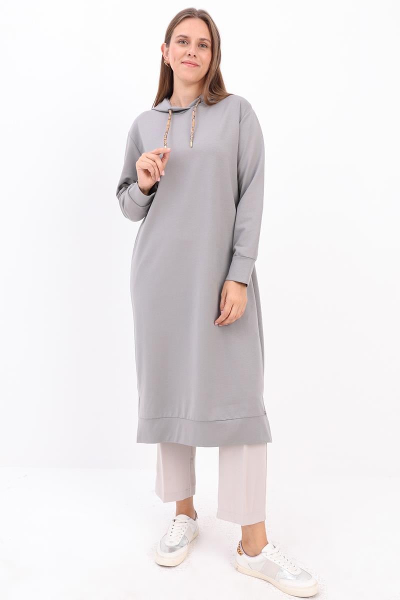 Gri-Leopar Bağcıklı Kapüşonlu Rahat Tunik