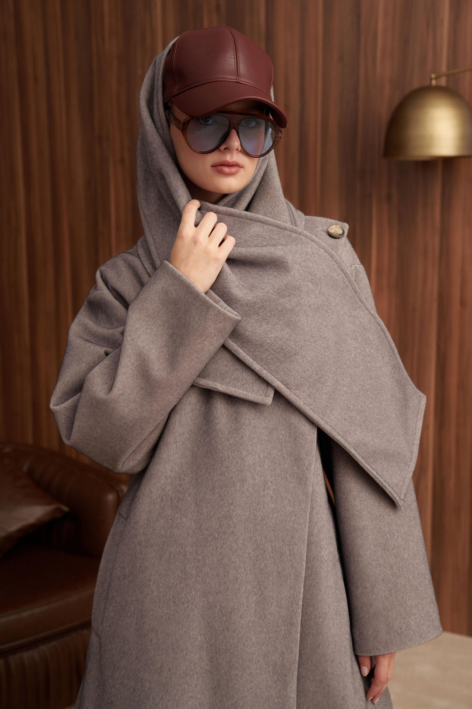 Gri Melanj-Atkılı Uzun Kaşe Kaban