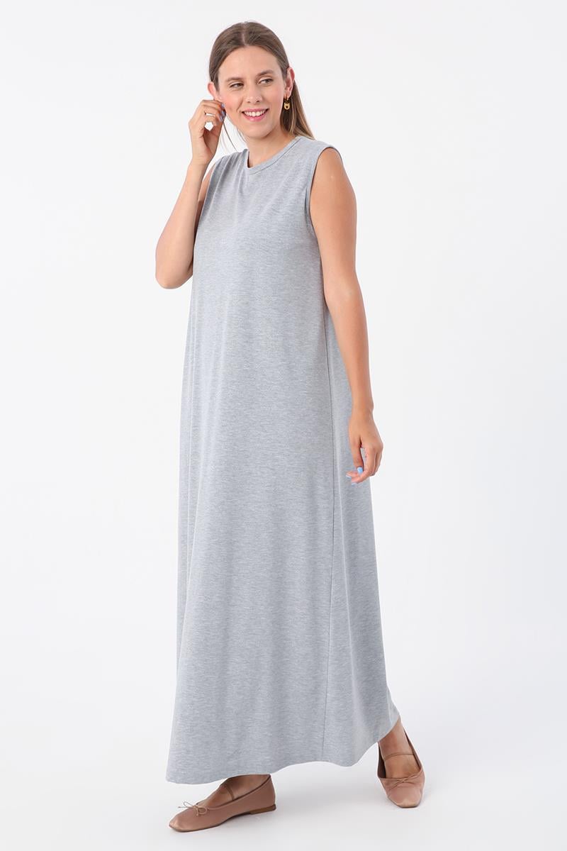 Gri Melanj-Pamuklu Bisiklet Yaka Kolsuz İçlik Elbise
