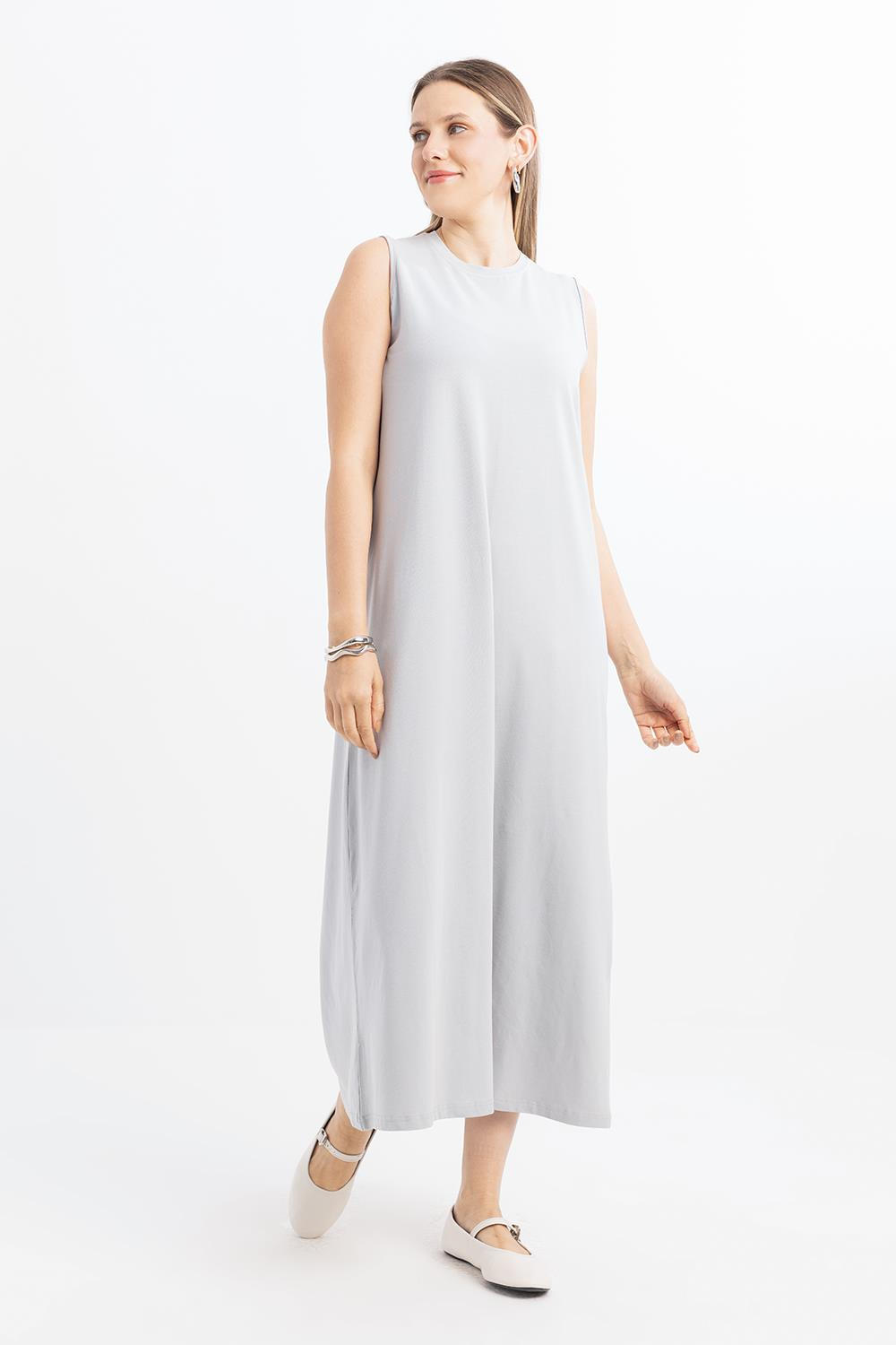 Gri-Pamuklu Bisiklet Yaka Kolsuz İçlik Elbise