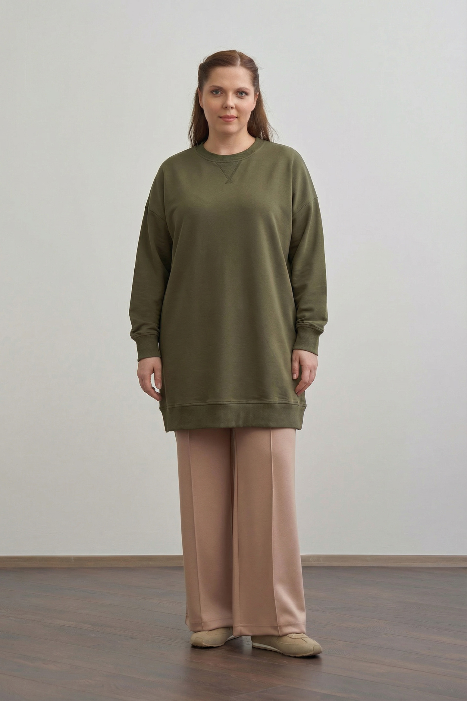 Haki-Pamuklu Kaşkorse Detaylı Büyük Beden Sweatshirt