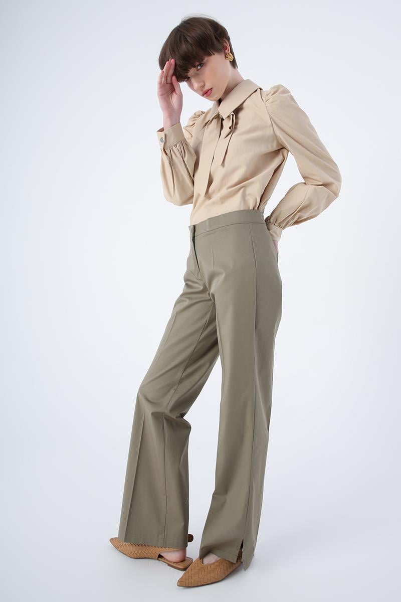 Khaki-Cotton Lycra Wide Leg Trousers with Slits on the Legs with Iron Traces