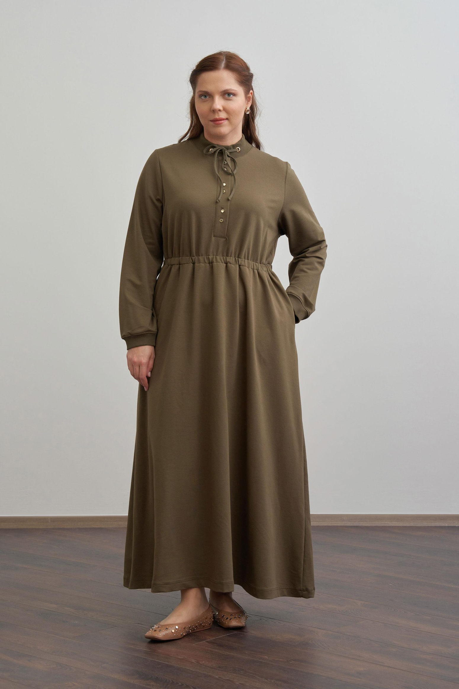 Haki-Pamuklu Yarım Patlı Elbise