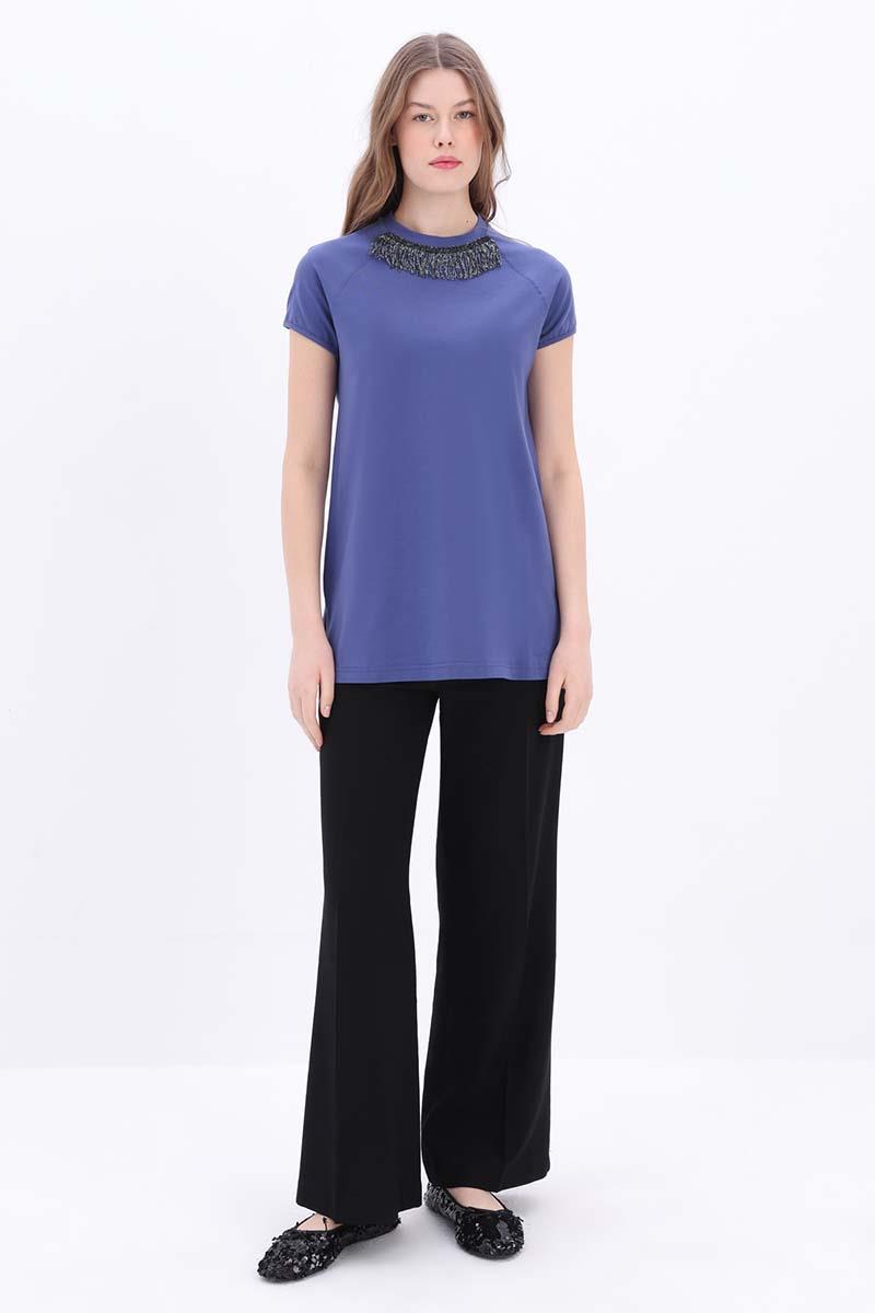 İndigo-Pamuklu Püskül Detaylı Kısa Kollu T-Shirt