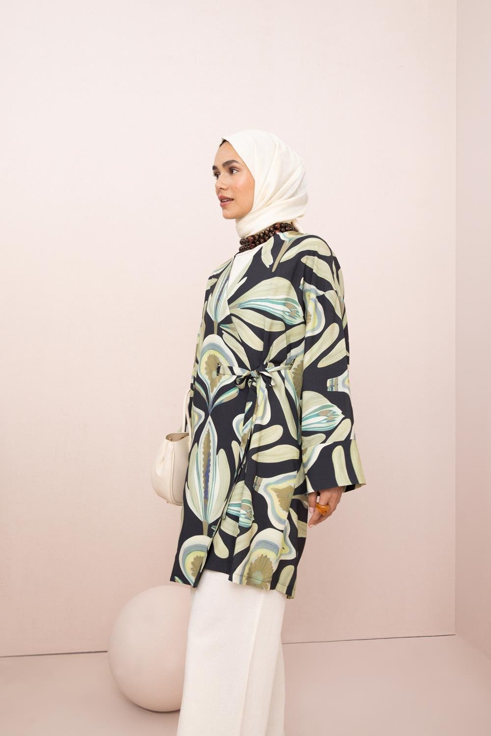 İndigo-Yeşil-Kruvaze Yaka Desenli Kuşaklı Kimono