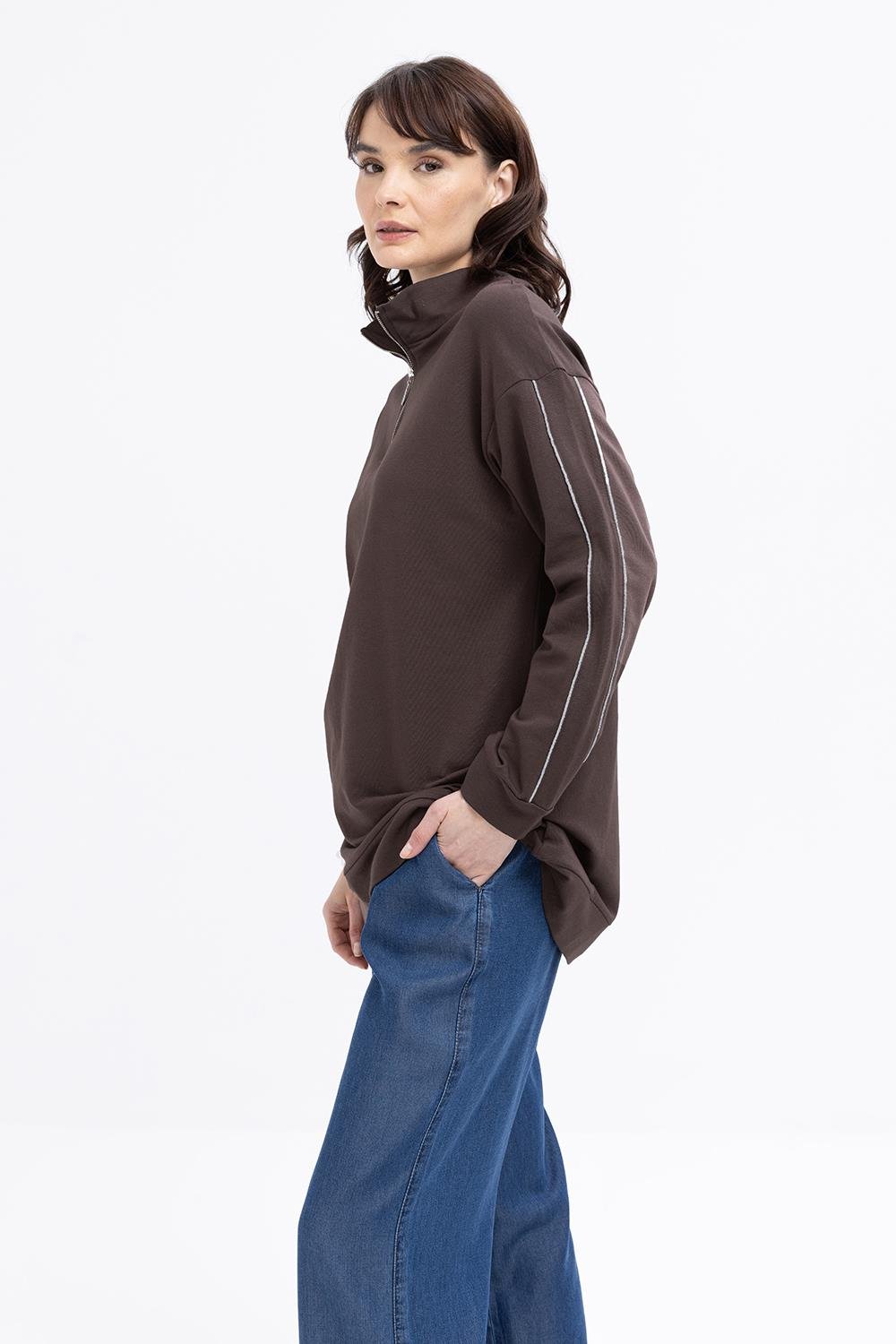 Kahve-Arabiyeli Fermuarlı Sweat Tunik