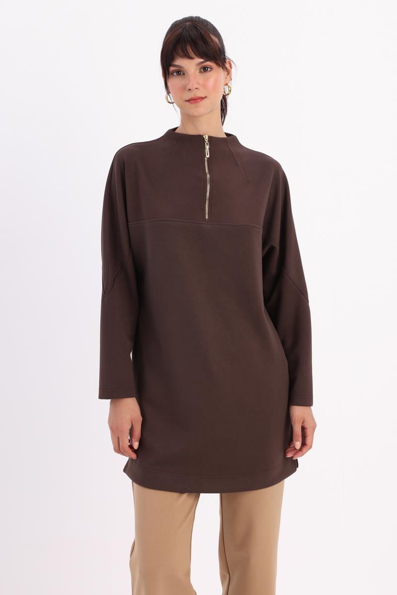 Kahve-Dik Yakalı Robalı Tunik