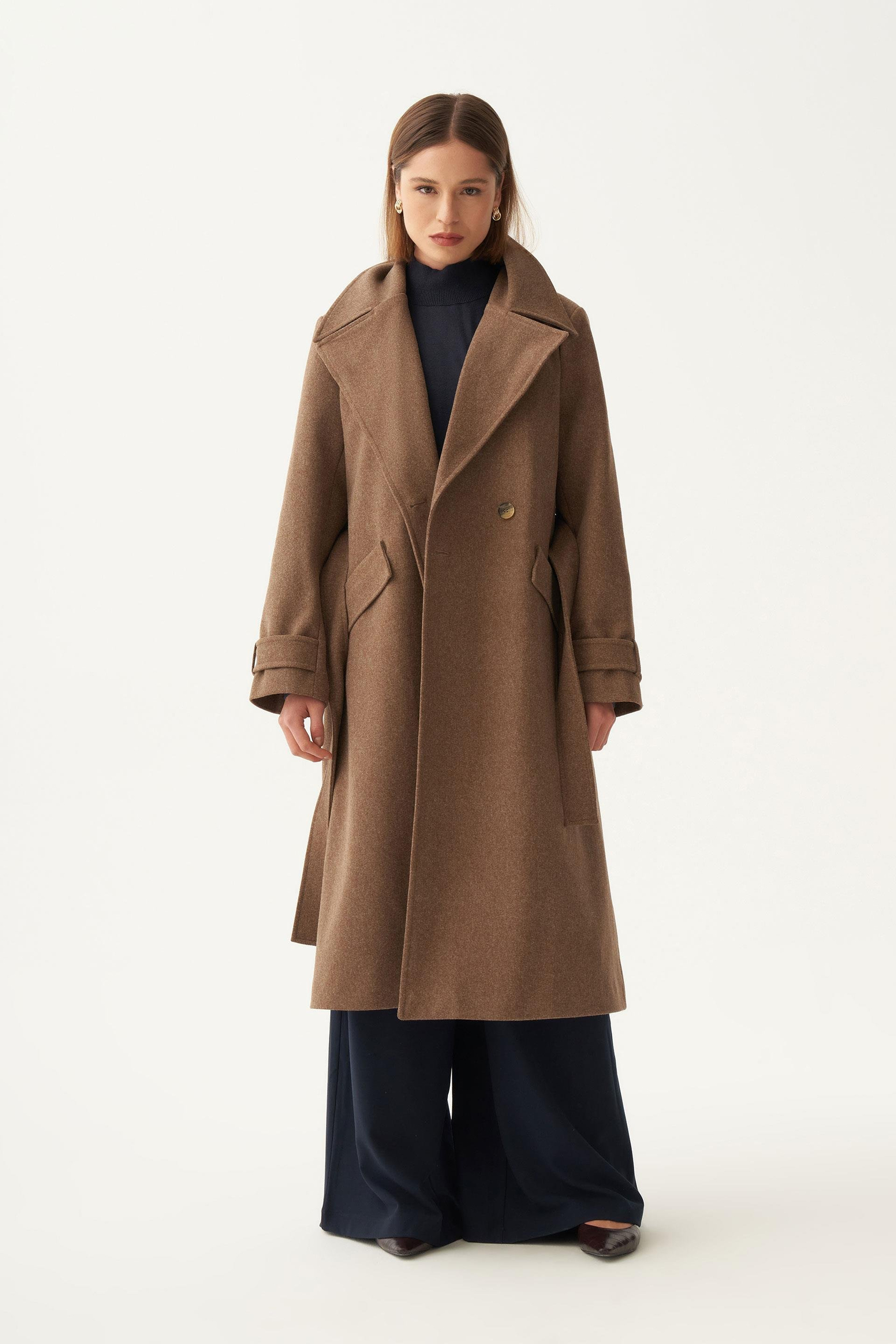 Kahve-Kruvaze Düğmeli Uzun Kaban