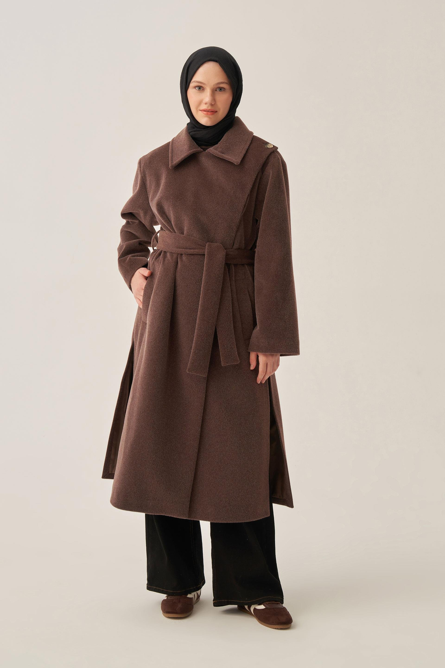 Kahve Melanj-Atkılı Uzun Kaşe Kaban