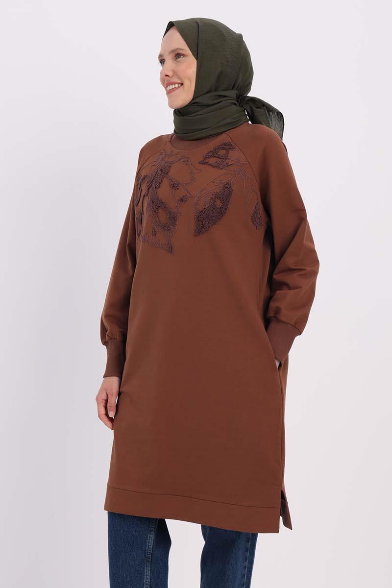 Kahve-NAKIŞLI PİLİKAŞELİ SWEAT TUNİK