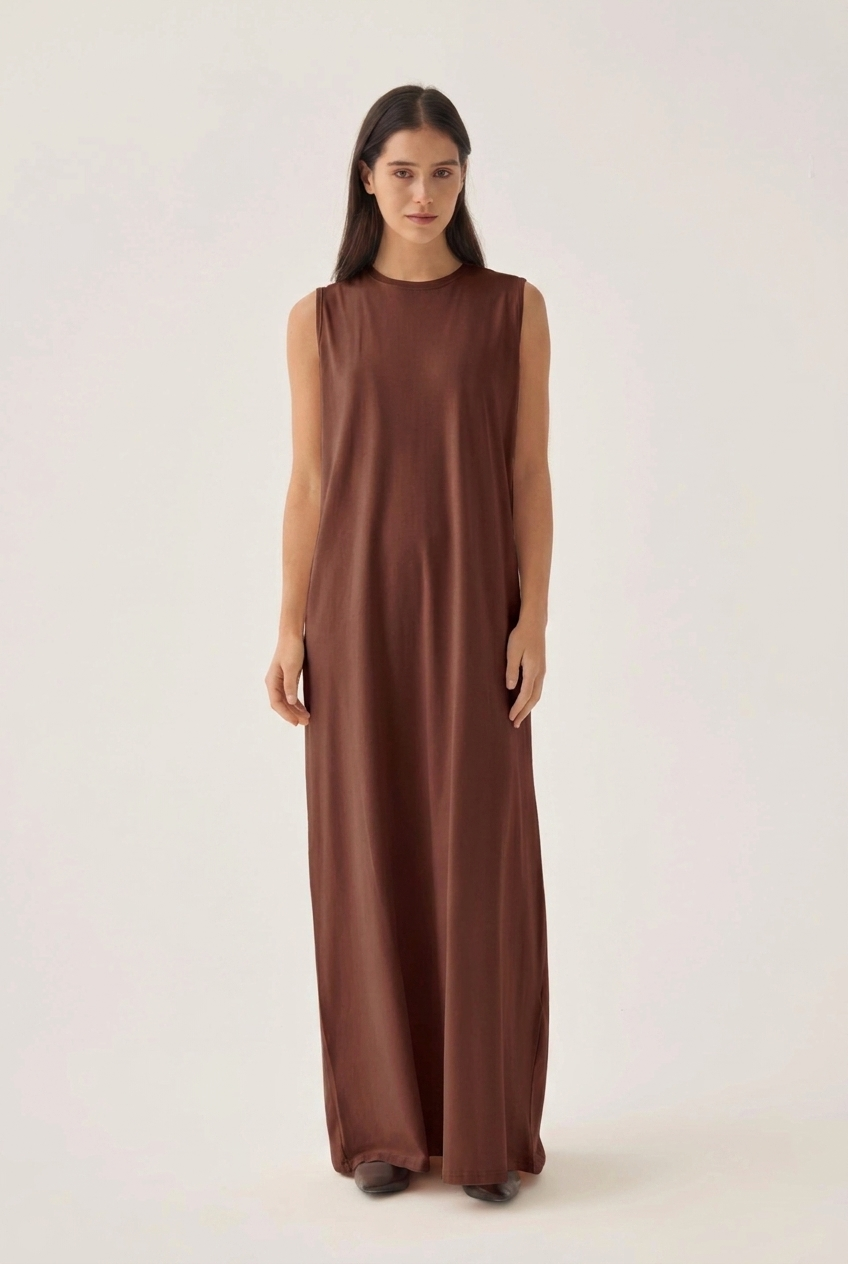 Brown-Cotton Crew Neck Sleeveless Underwear Dress