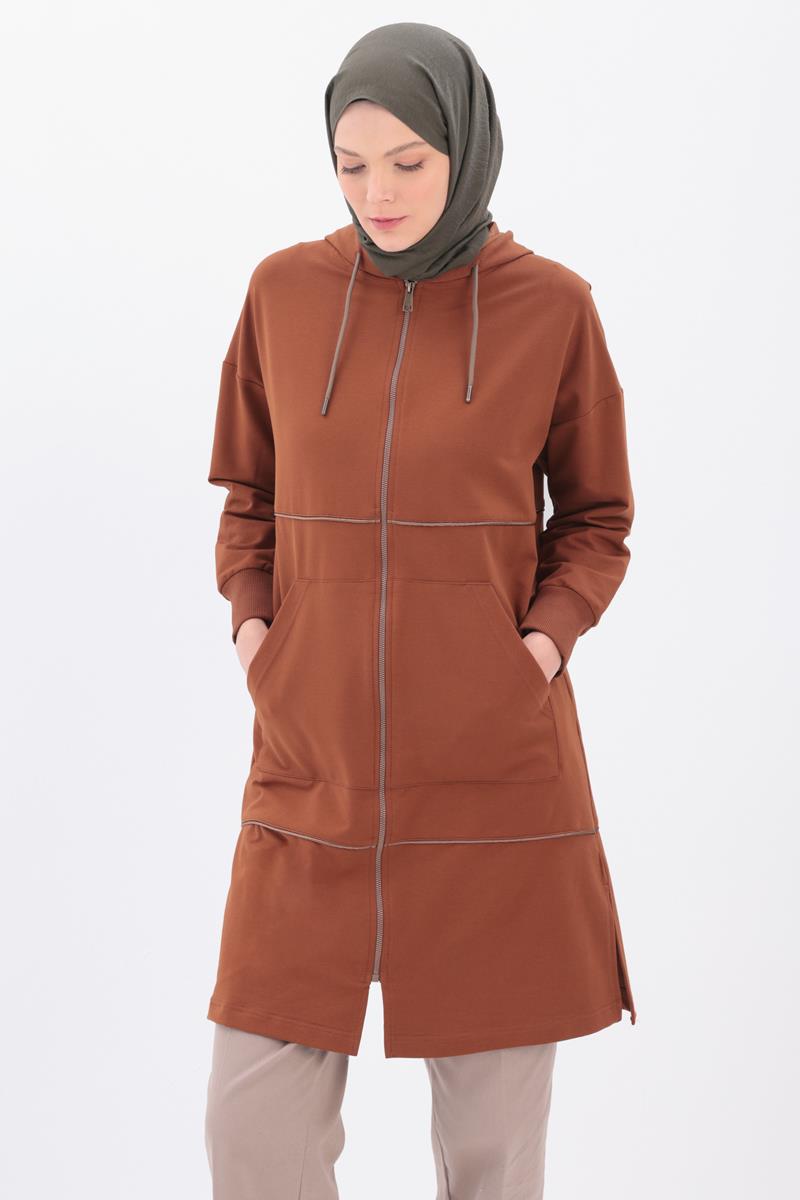 Kahve-Saten Ara Biyeli Sweat Hırka
