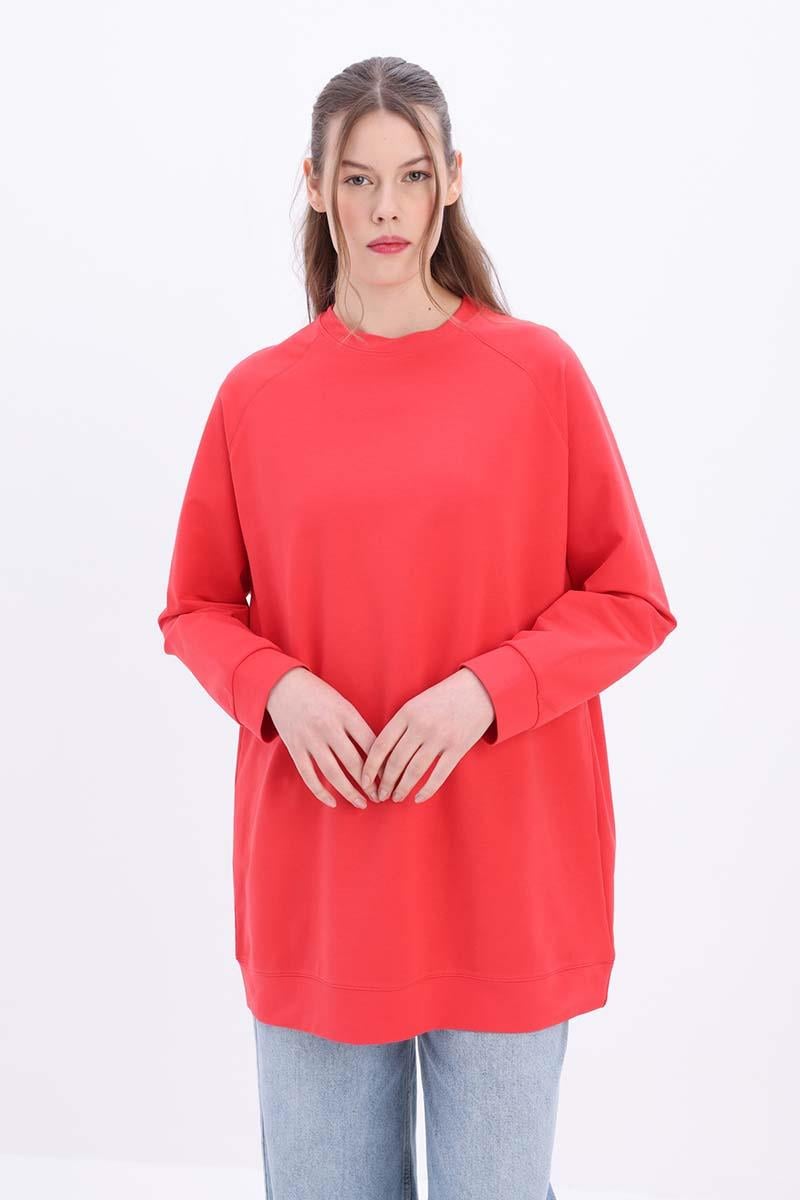 Kırmızı-Bisiklet Yaka Reglan Kol Sweatshirt