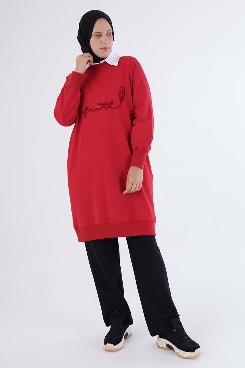 Kırmızı-Faıth Yazılı Nakışlı Sweat Tunik