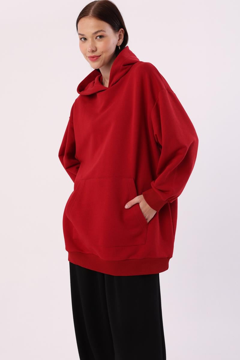 Kırmızı-Kanguru Cepli Oversize Sweatshirt