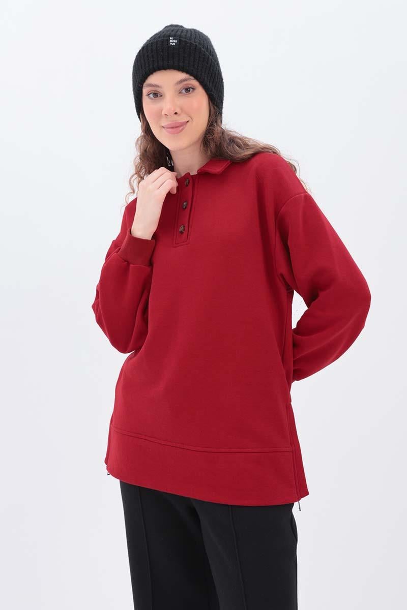 Kırmızı-YANLARI FERMUARLI YAKALI SWEAT TUNİK