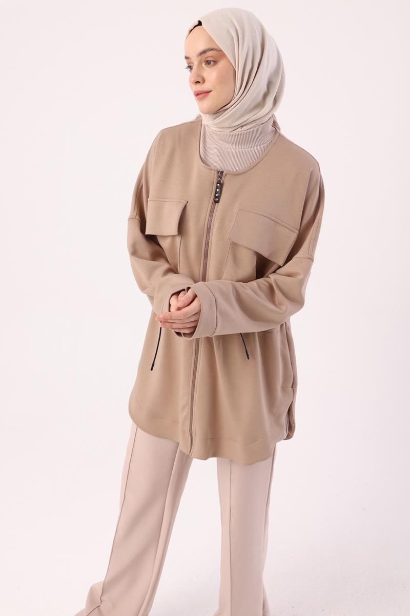 Dark Beige-Pocket Drawstring Jacket