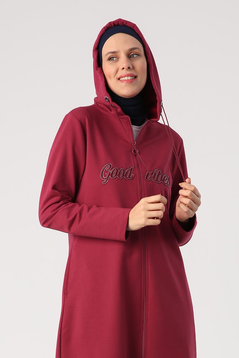 Koyu Bordo-Aplike Nakışlı Çift Kordonlu Kapüşonlu Hırka