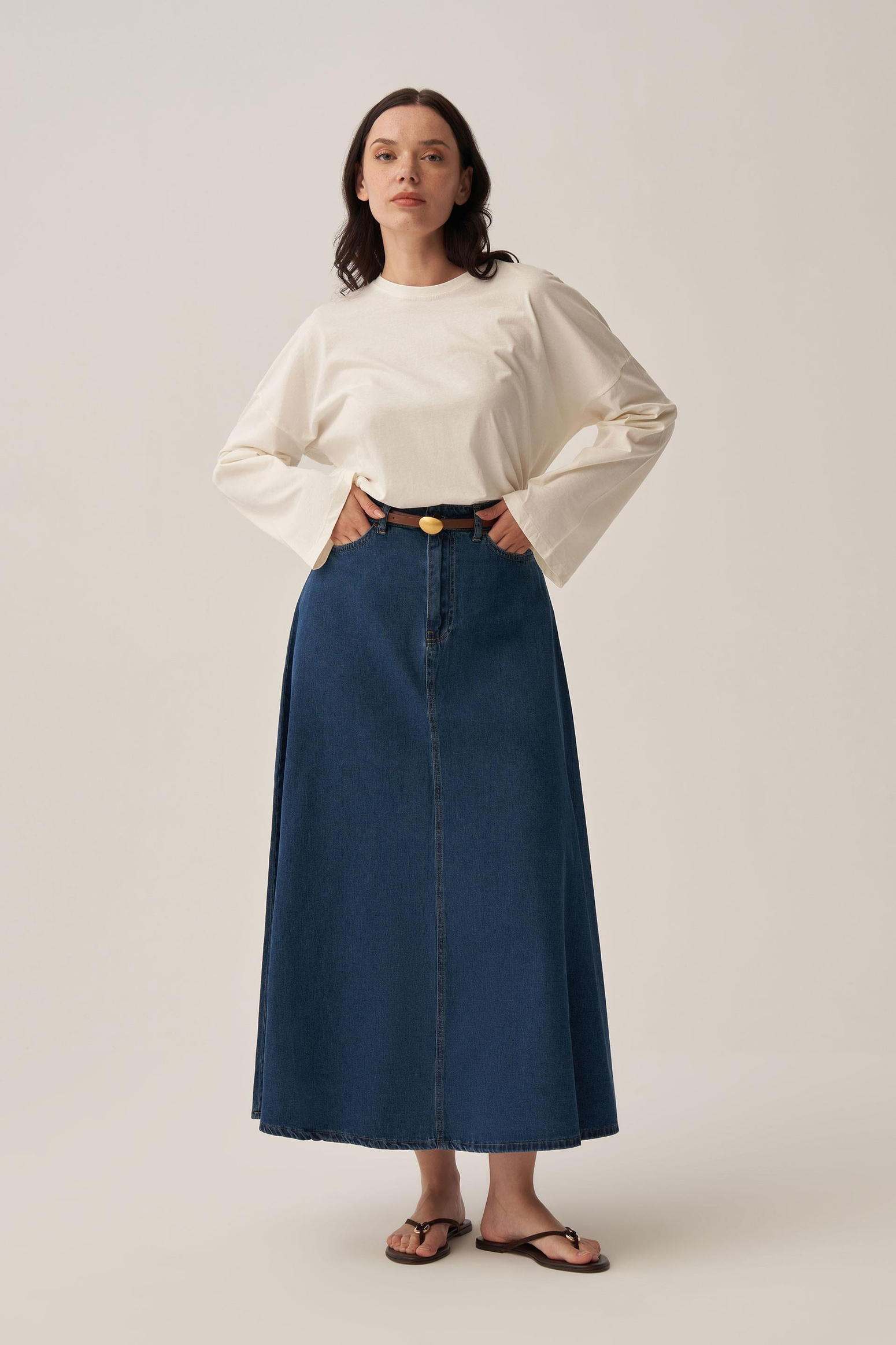 Dark Blue-5 Pocket Flared Denim Skirt