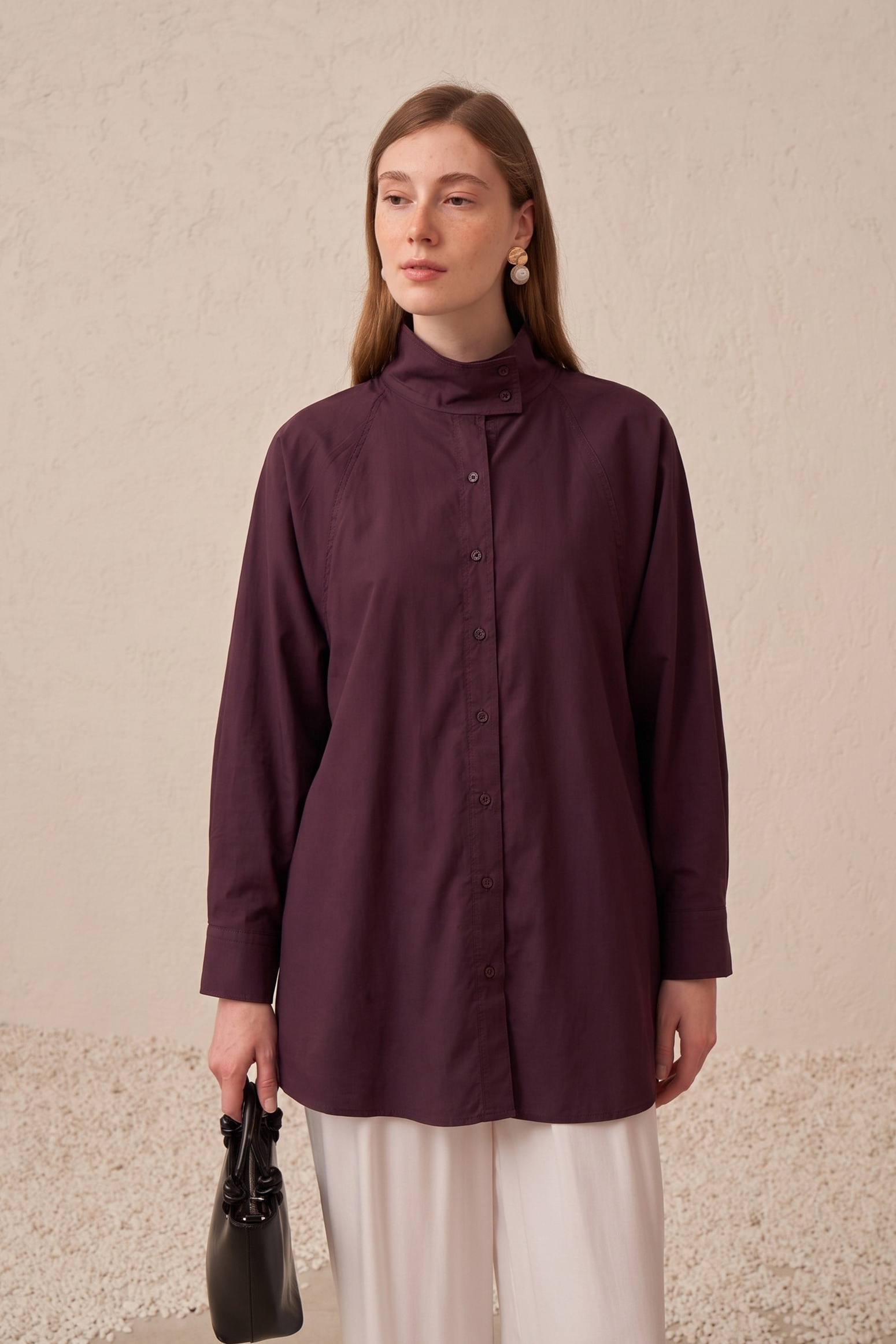 Koyu Mürdüm-Yüksek Yaka Reglan Gömlek