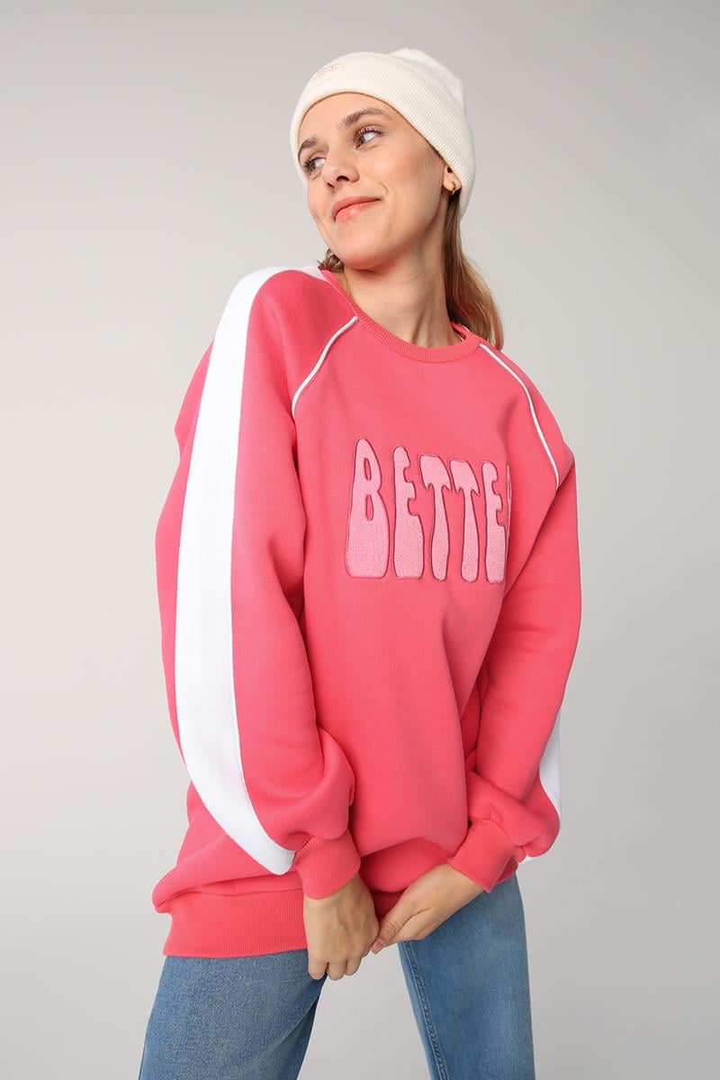 Koyu Pembe-Kontrast Garnili Nakışlı Şardonlu Sweatshirt