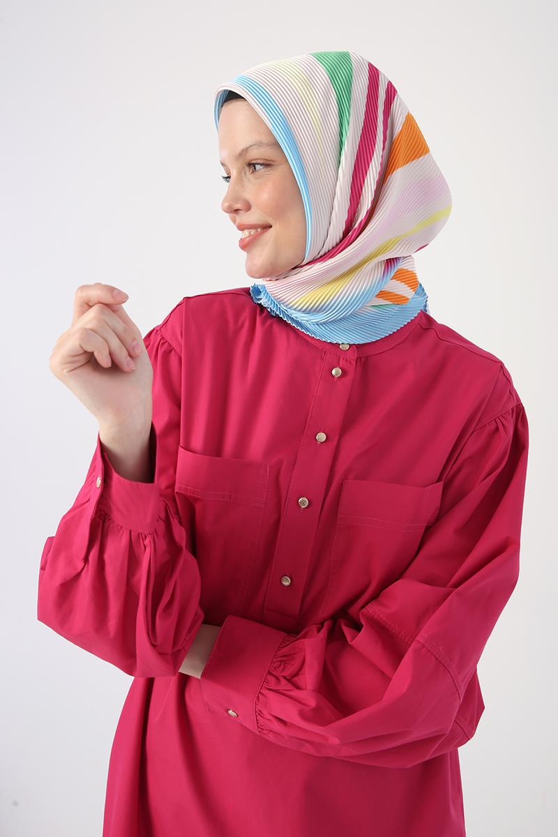 Koyu Pembe-Oversize Büyük Cepli Eteği Oval Kesim Uzun Tunik