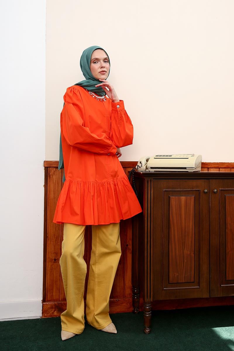 Dark Orange-Ribbed Collarless Cotton Tunic