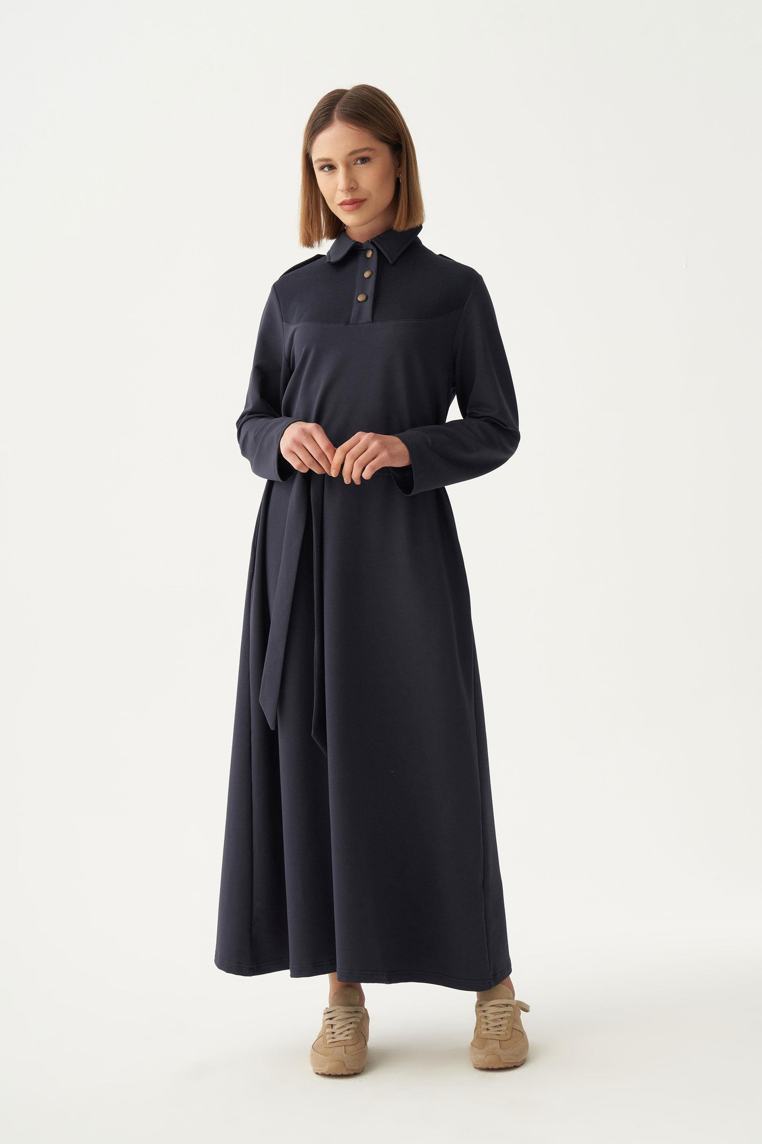 Lacivert-Gömlek Yaka Apoletli  Elbise